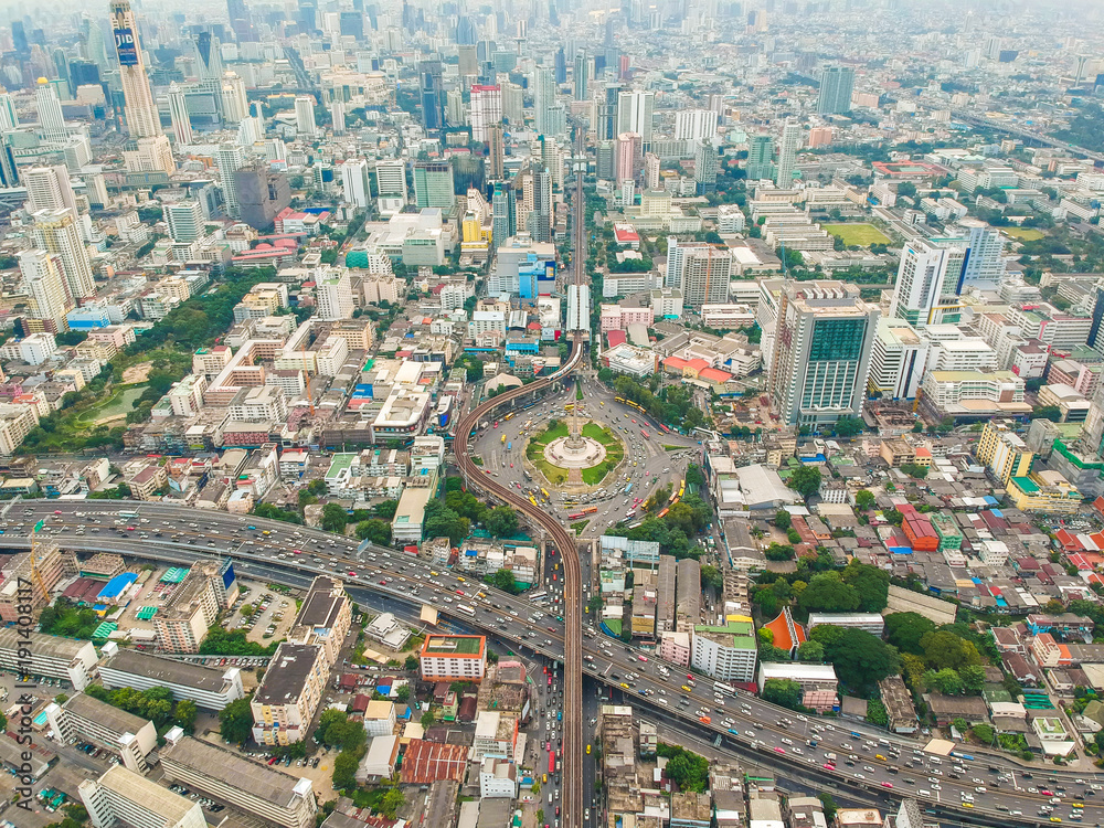Fototapeta premium Aerial view of Bangkok building skyscraper at Victory monument business district