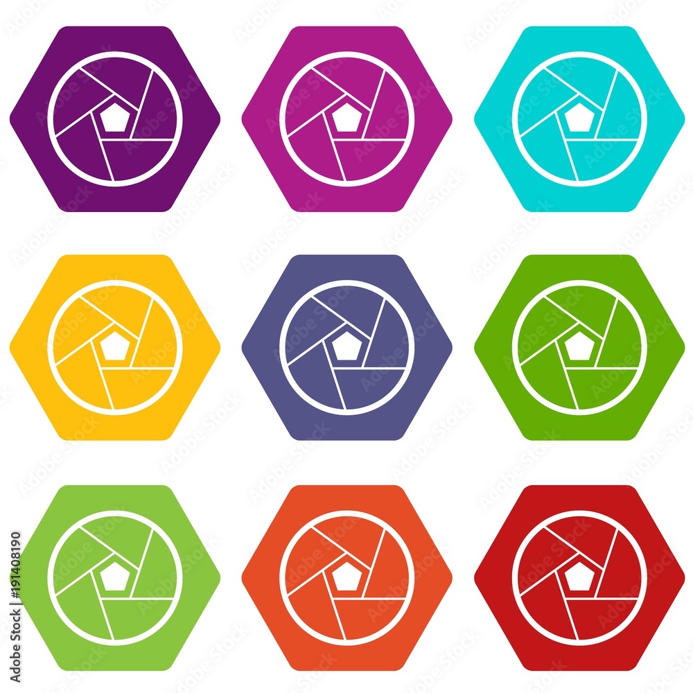 Photographic lens icon set color hexahedron Photographic lens icon set color hexahedron