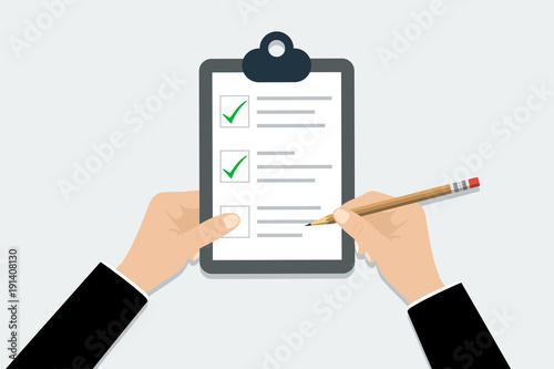 Checklist - vector illustration. Hand holding clipboard checklist with pencil in trendy flat design