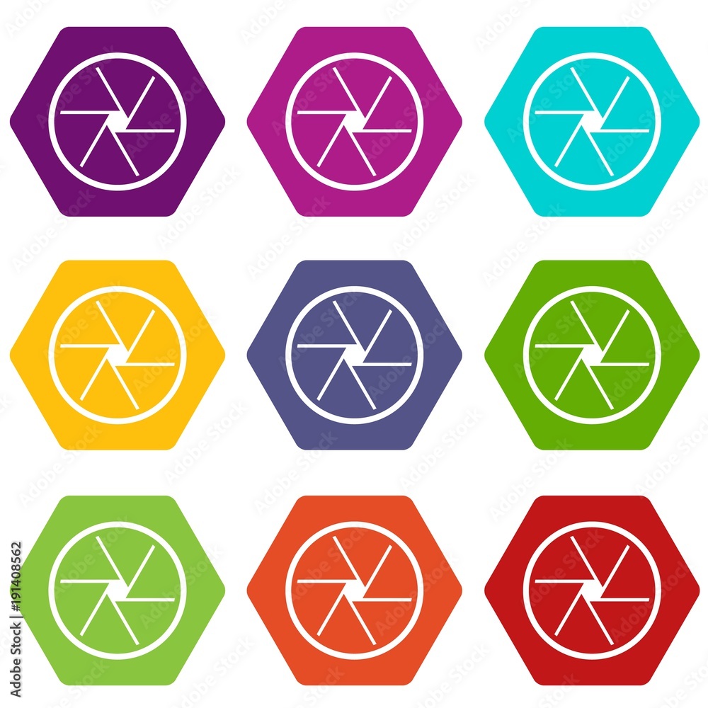 Round objective icon set color hexahedron Round objective icon set color hexahedron