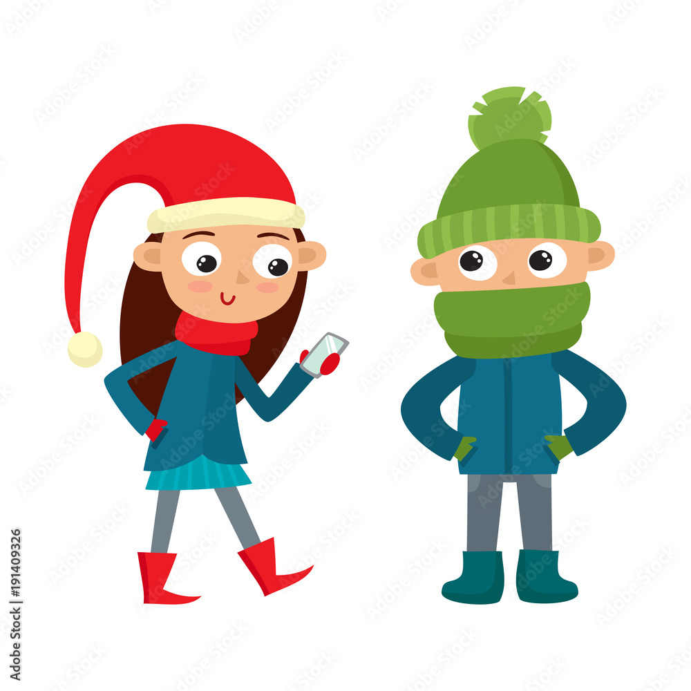 Set of walking young teenages in winter clothes