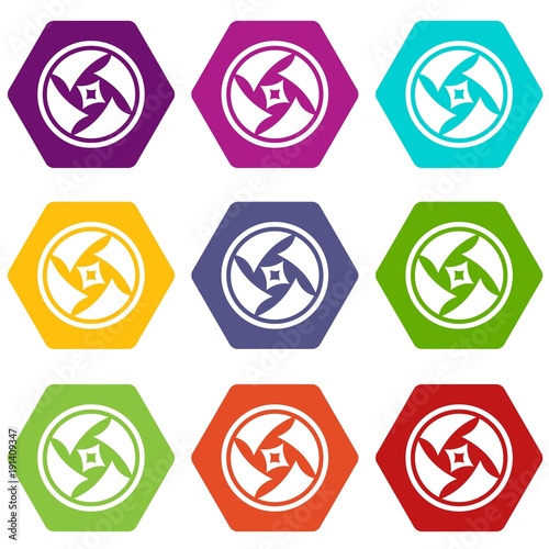 Covered objective icon set color hexahedron
