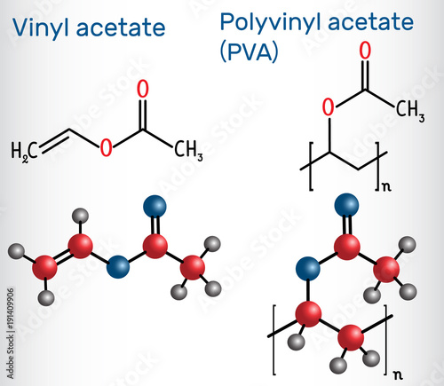 Polyvinyl acetate (PVA) polymer and vinyl acetate monomer molecule . Structural chemical formula and molecule model
