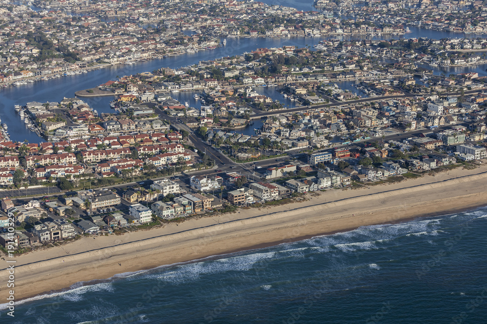Aerial view of Newport Beach neighborhoods on the Southern California coast.