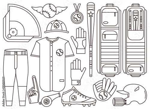 Set of baseball and softball equipment, gear, apparel and uniform elements including diamond field, ball, bat, bag and clothing. Collection of base ball elements in outline design.