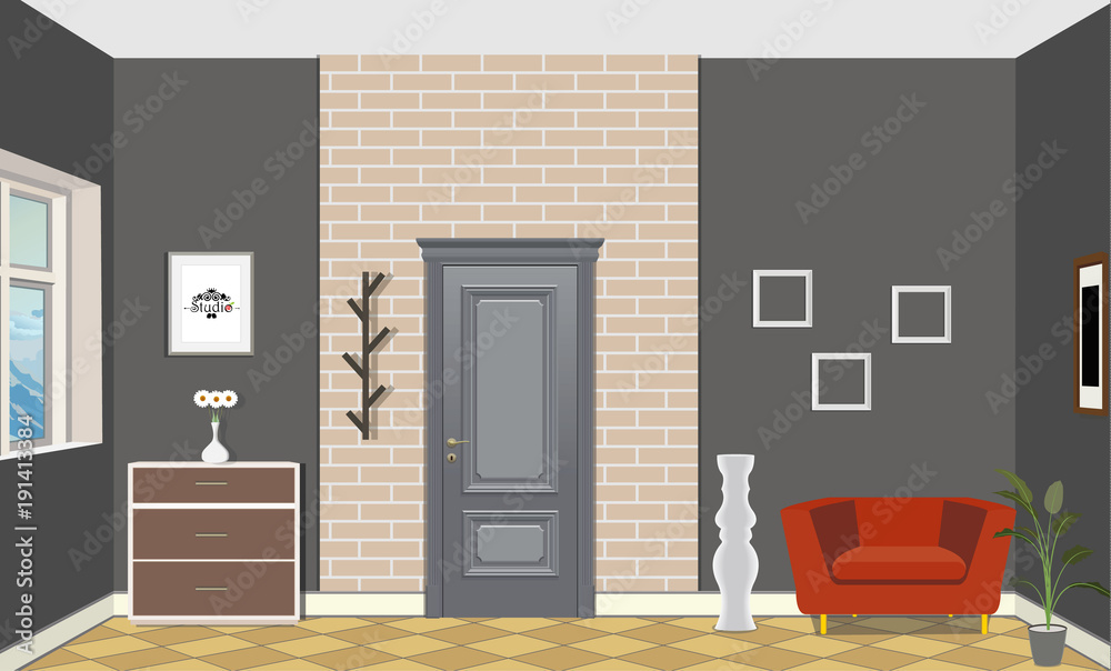Fototapeta premium Illustration of a room with doors, a red chair, vase, picture and commode. Interior of the room with furniture.