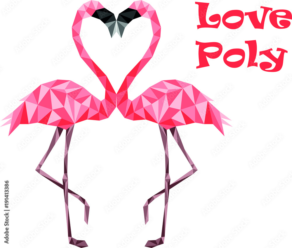 Pink low poly flamingos in love