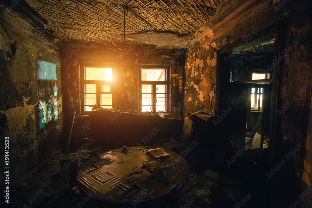Dark and creepy interior of abandoned burned house Stock Photo Adobe