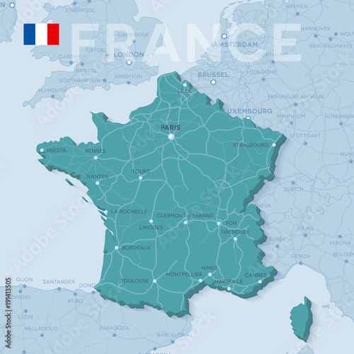 Map of cities and roads in France.
