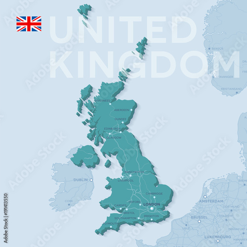 Map of cities and roads in United Kingdom.