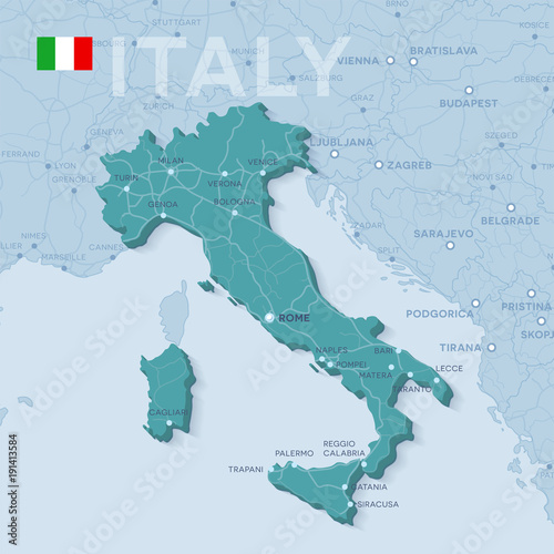Map of cities and roads in Italy.