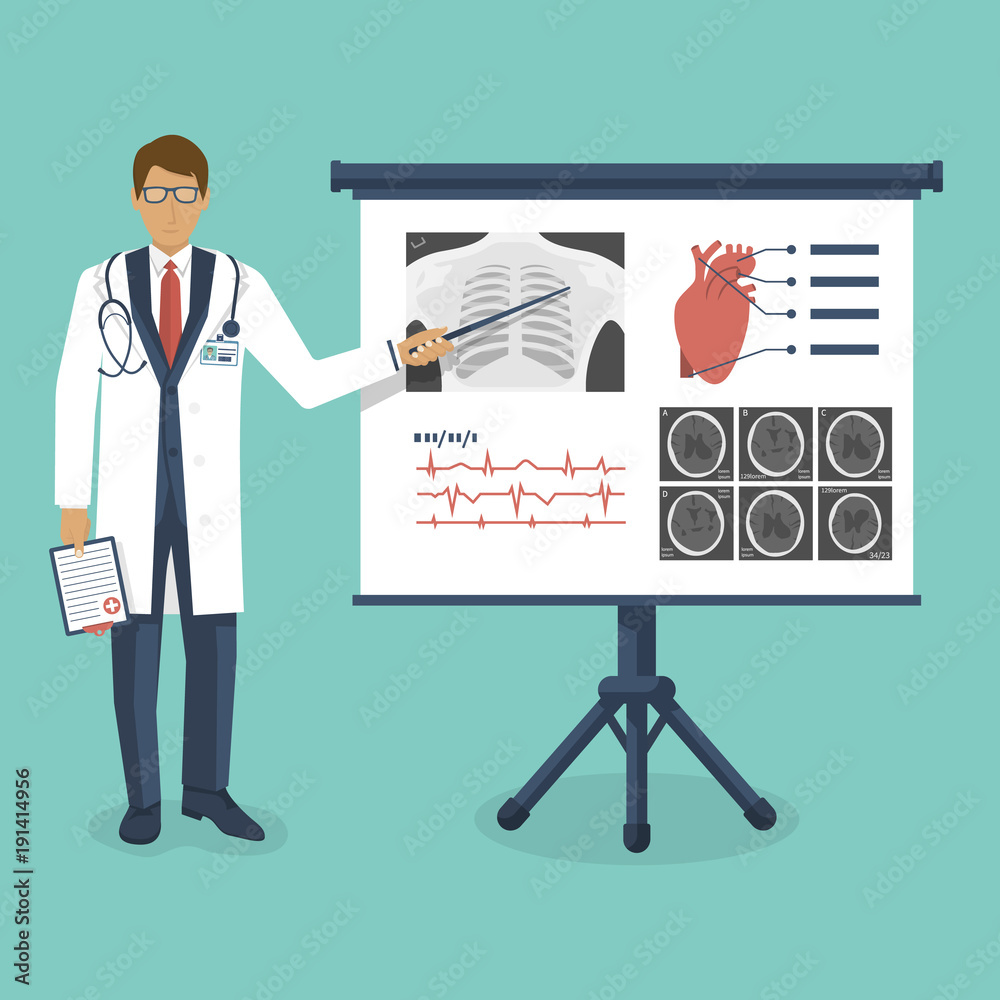 Doctor in white coat with pointer near board. Training medical. Lecture to trainees doctors. Discussion medical investigations, disease. Mentor at blackboard. Conference. Design illustration.
Doctor in white coat with pointer near board. Training medical. Lecture to trainees doctors. Discussion medical investigations, disease. Mentor at blackboard. Conference. Design illustration.