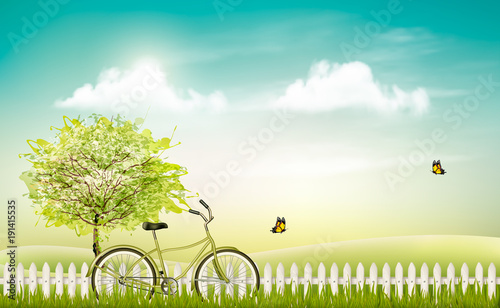Spring nature meadow landscape with a bicycle. Vector.