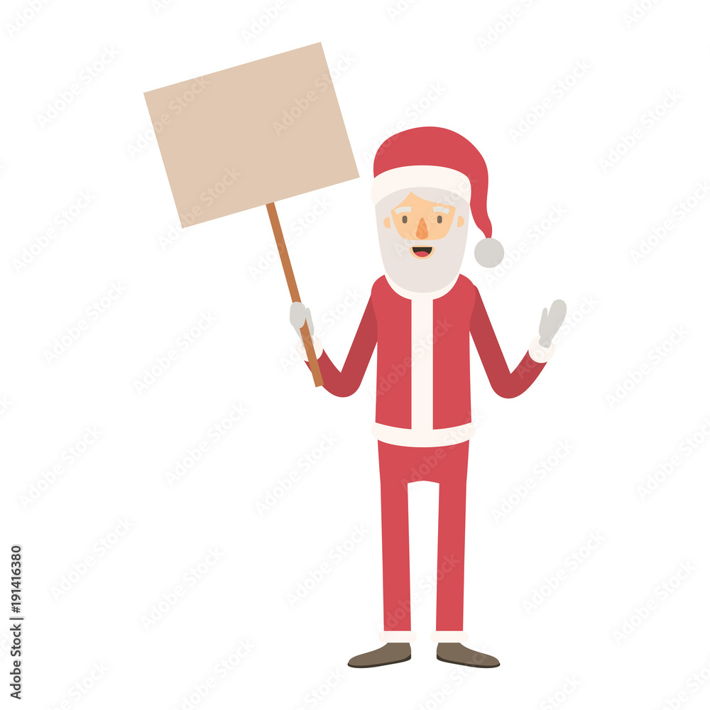 santa claus caricature full body holding a poster with pole with hat and costume on colorful silhouette vector illustration