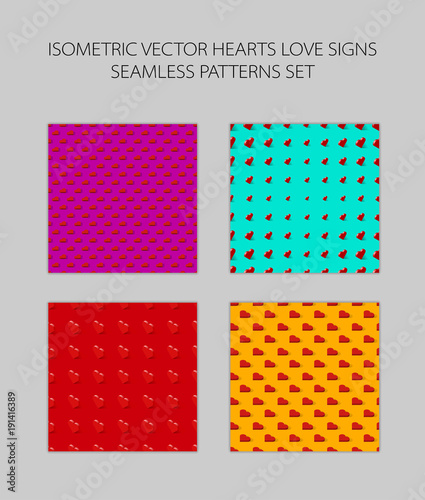 Isometric hearts seamless pattern set vector background