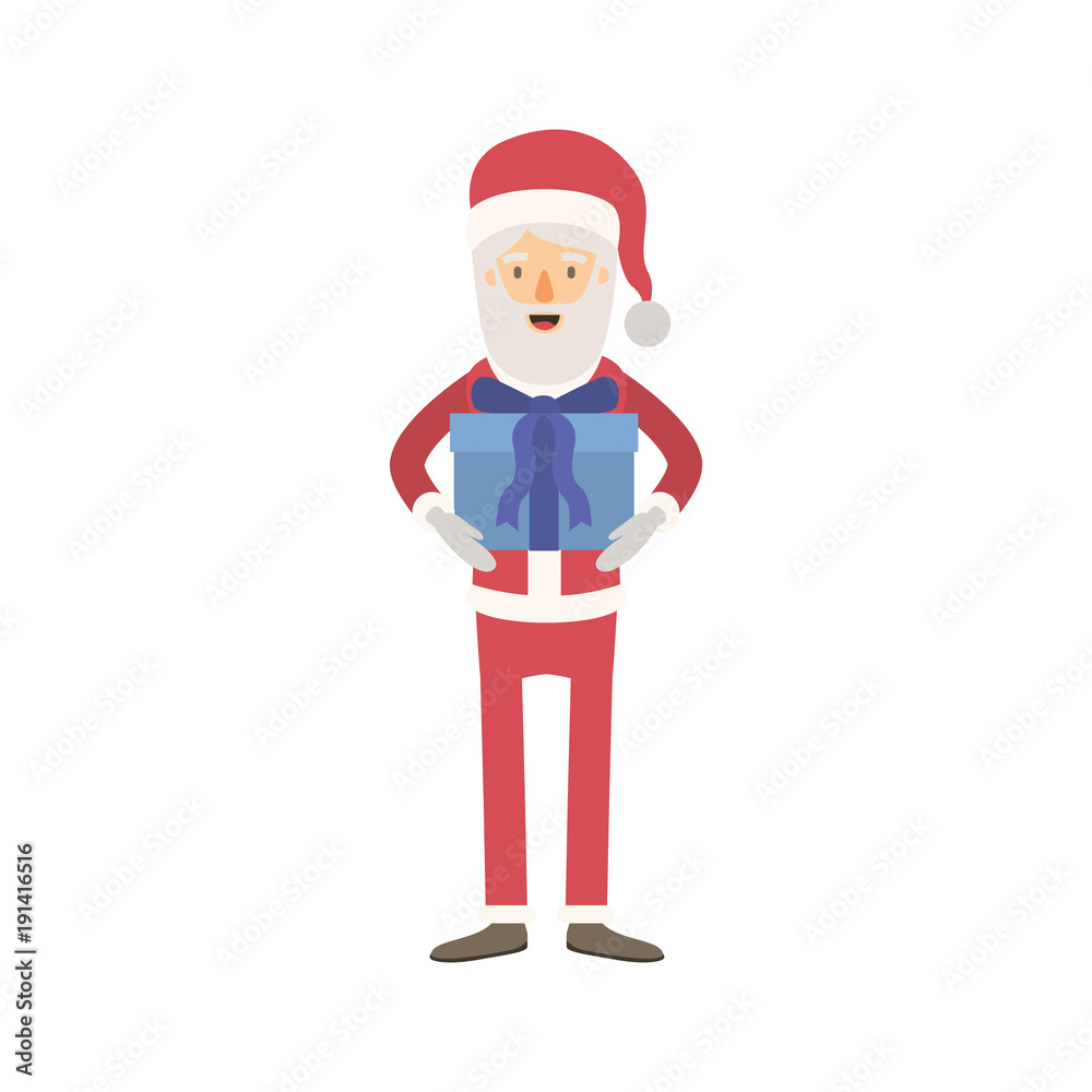 santa claus caricature full body with gift box hat and costume on colorful silhouette vector illustration santa claus caricature full body with gift box hat and costume on colorful silhouette vector illustration