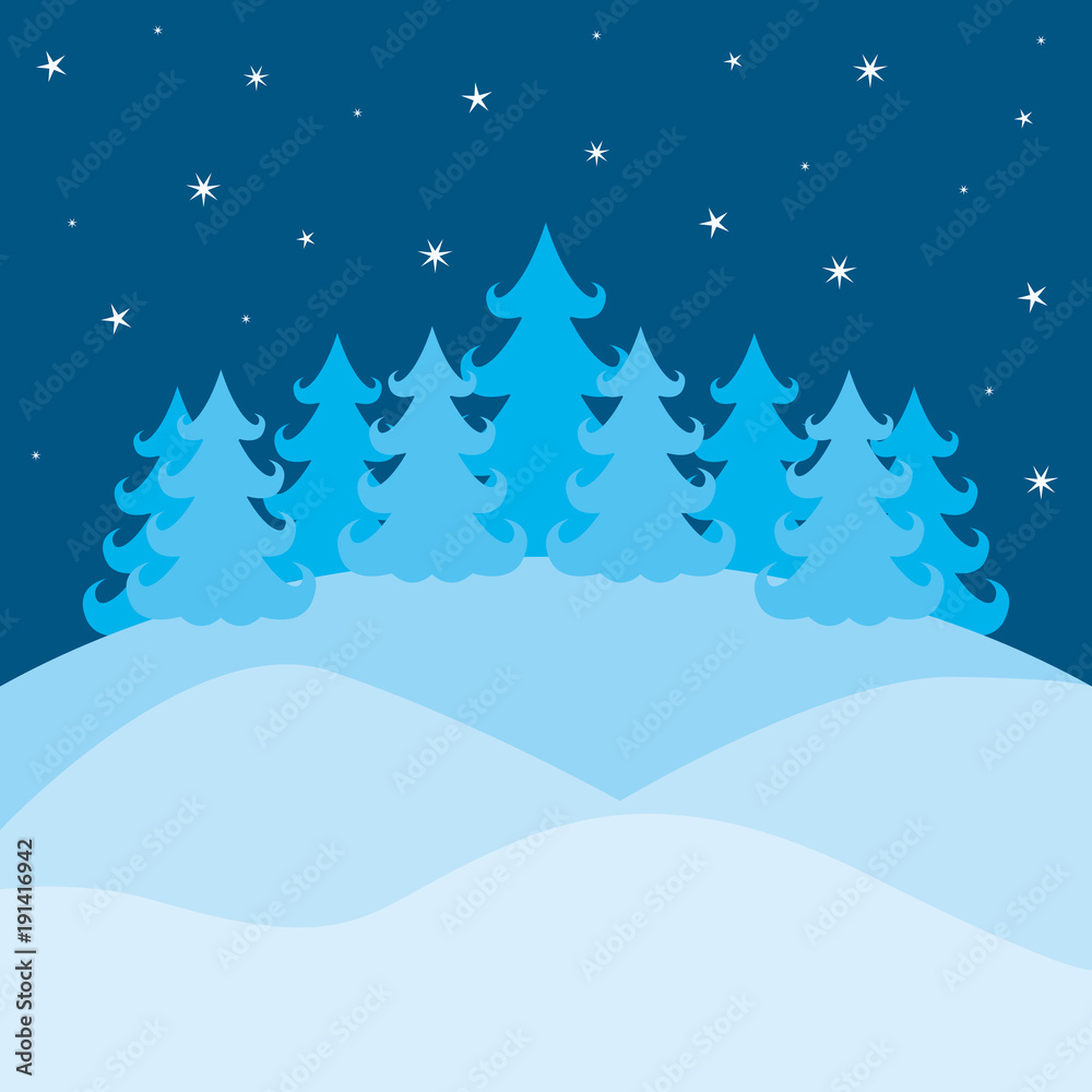 winter landscape with pines and sky with stars on colorful silhouette vector illustration