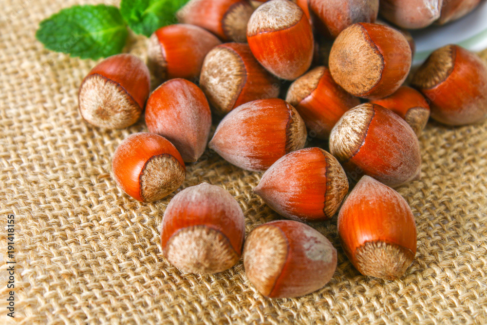 Walnut hazelnuts scattered on sackcloth on a white wooden table. Walnut hazelnuts scattered on sackcloth on a white wooden table.