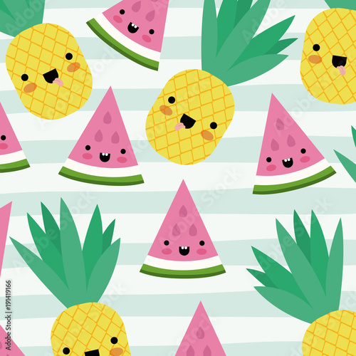 Fototapeta Naklejka Na Ścianę i Meble -  kawaii fruits pattern set with face expression on decorative lines color background vector illustration