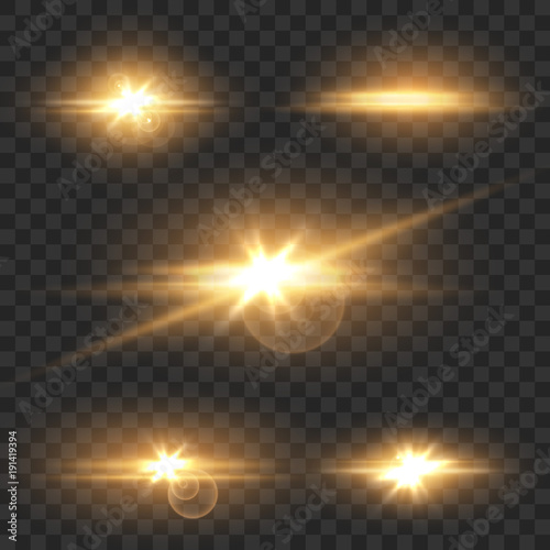 Set Realistic gold lens flares star lights and glowing burst explosion on transparent background. vector illustration