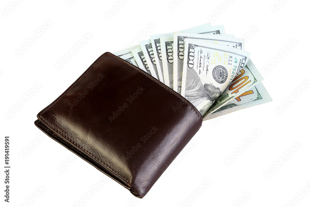 Money banknote one hunderd dollars bills in the brown wallet, Isolated on white background, Business finance and object concept.