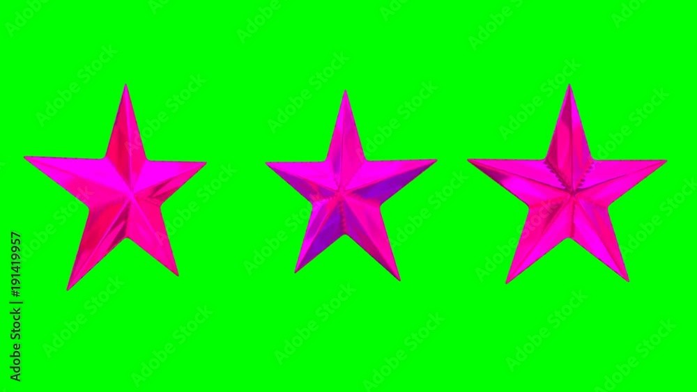 Animated spinning three shinning pink or magenta stars against green background. Loop able and isolated. High reflective surface. Animated spinning three shinning pink or magenta stars against green background. Loop able and isolated. High reflective surface.