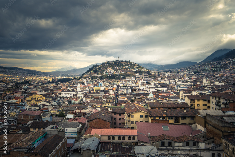 Quito - August 17, 2018: Panorama of Quito from the Basilica of the National Vote in Quito, Ecuador