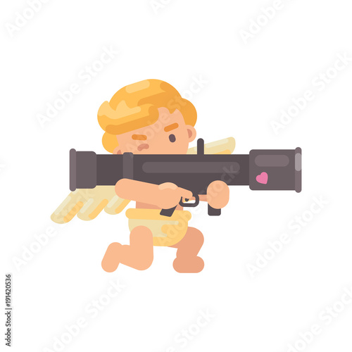 Cute cupid shooting a big love bazooka. Valentines Day flat character illustration