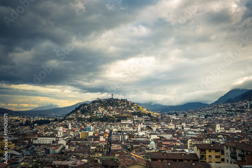 Quito - August 17, 2018: Panorama of Quito from the Basilica of the National Vote in Quito, Ecuador