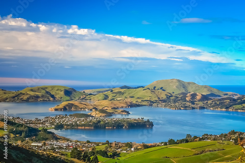 Dunedin town and bay as seen from the hills above photo