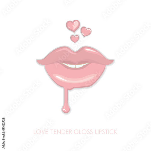 Love tender gloss lipstick. Thematic illustration of sensual lips with light pink lipstick smiles. Lips and aerial hearts vector fashion cosmetics design.
