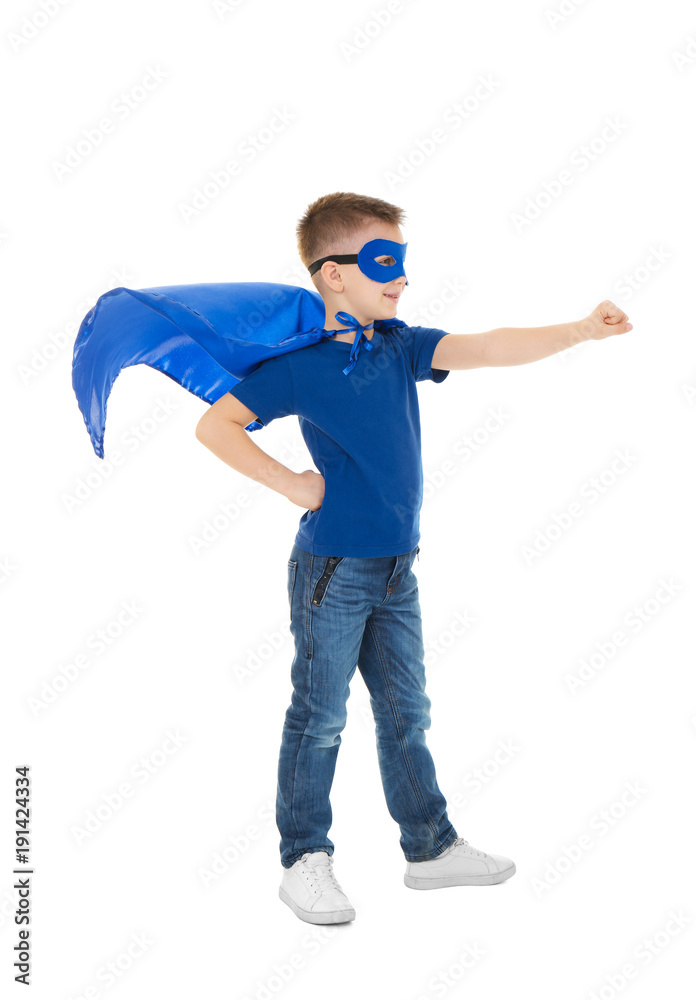 Cute boy in superhero costume on white background Cute boy in superhero costume on white background