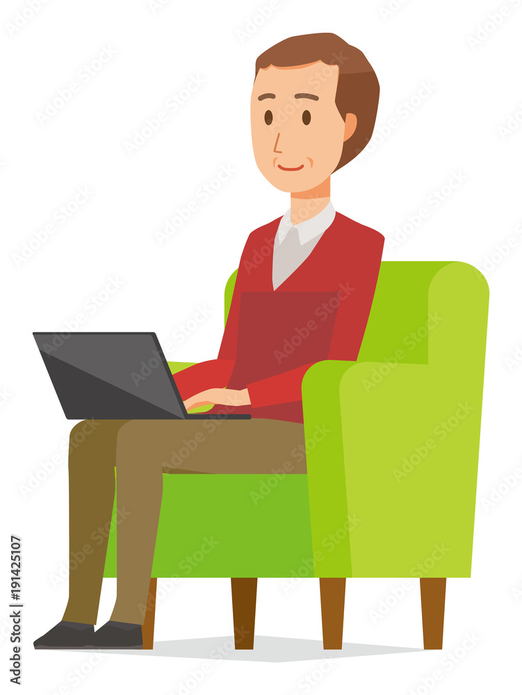 A middle-aged man wearing a sweater is sitting on a sofa and operating a laptop computer A middle-aged man wearing a sweater is sitting on a sofa and operating a laptop computer