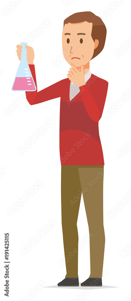 A middle-aged man wearing a sweater has an erlenmeyer flask A middle-aged man wearing a sweater has an erlenmeyer flask
