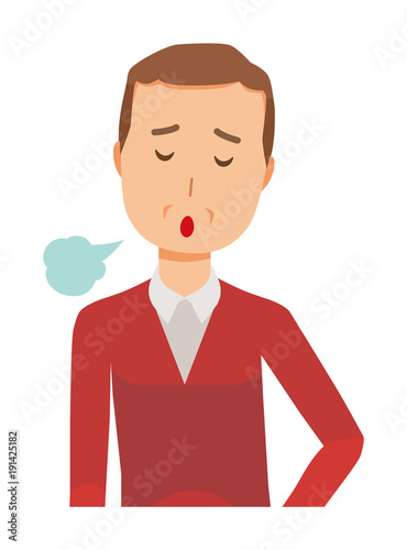 A middle-aged man wearing a sweater is sighing