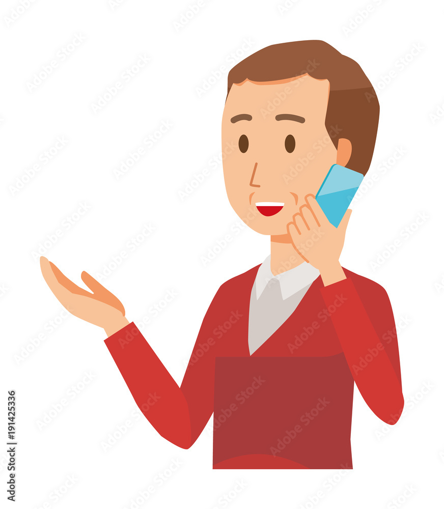 A middle-aged man wearing a sweater is calling by smart phone A middle-aged man wearing a sweater is calling by smart phone