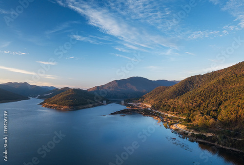 Aerial drone shot over the dam, Mae Kuang Dam at Chaing Mai province in THAILAND..