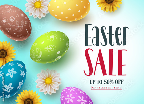 Easter sale vector banner design with colorful eggs and flowers for shopping discount promotion. Easter background template with space for text. Vector illustration.
