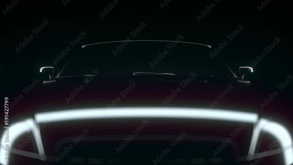 Stylish car in the rays of light. Auto presentation on a black background. In Ultra HD 4k. Сyclic animation, looped 