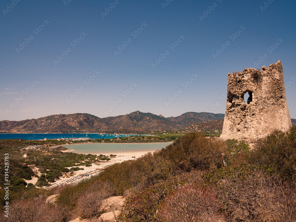 The Spanish watchtower of Porto Giunco, Villasimius, Sardinia, Italy,