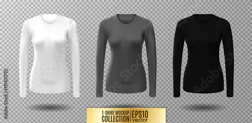 Long sleeve blank shirt. Vector white, gray and black shirt mockup.