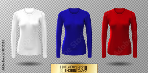 Long sleeve blank shirt. Vector white, red and blue shirt mockup.