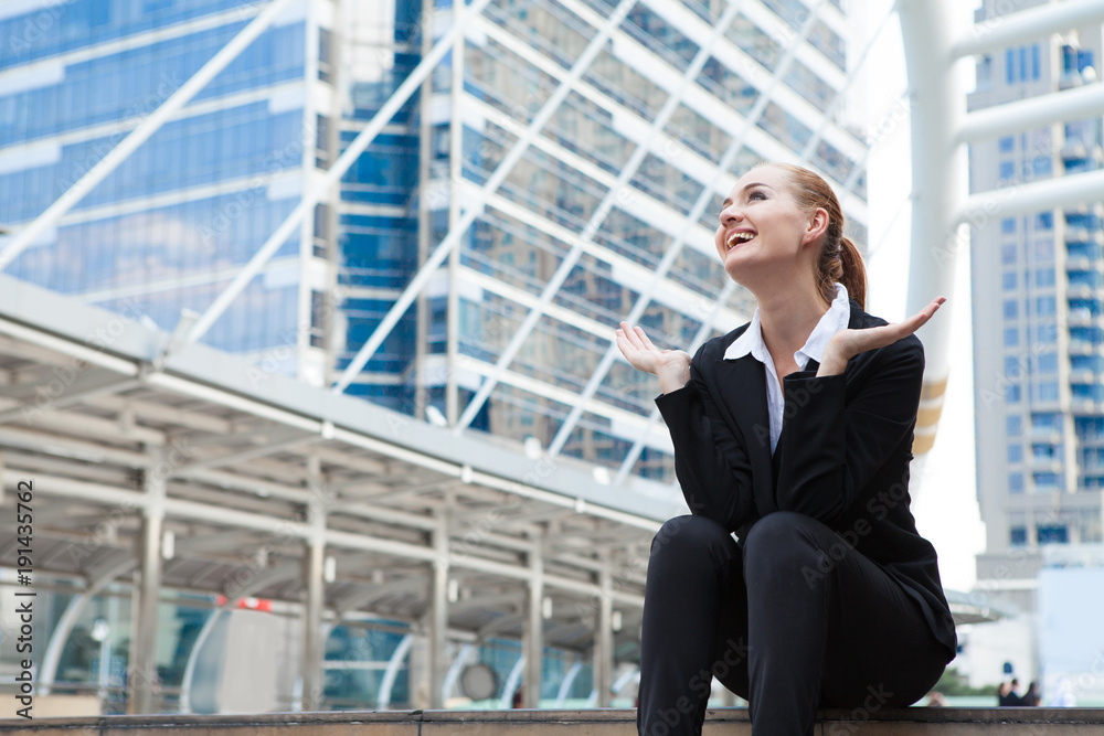Happy Business Woman Sitting on Stairs Outdoors Happy Business Woman Sitting on Stairs Outdoors