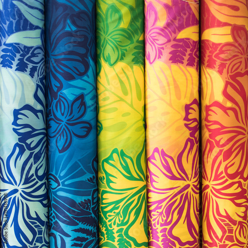 Rainbow Aloha Hawaiian Print Fabric on sale at the Swap Meet on Oahu, showing tropical hawaiian concept photo