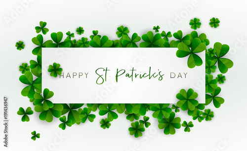 Happy Saint Patrick's Day background, greeting card with green and gold four and tree leaf clovers, modern geometric template, trendy paper art design. Vector illustration.