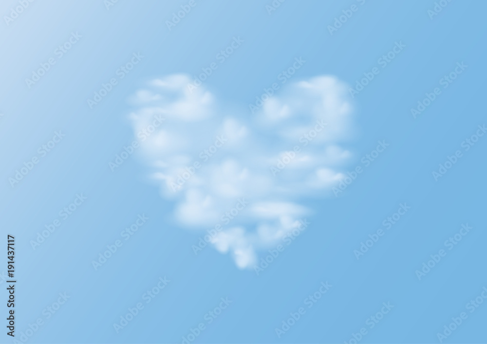 Valentine's day greeting card and love concept.Heart shape from clouds on blue sky.Vector illustration.
