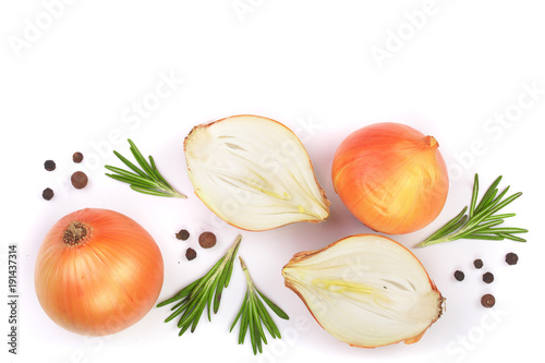 onions with rosemary and peppercorns isolated on white background with copy space for your text. Top view. Flat lay