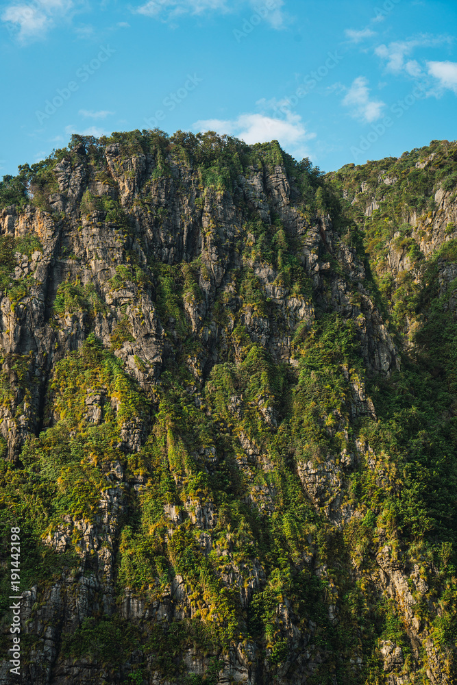 Obraz premium Green rocky cliff from below