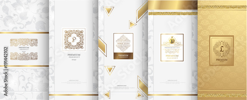 Collection of design elements,labels,icon,frames, for packaging,design of luxury products.Made with golden foil.Isolated on white background. vector illustration