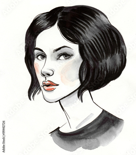 Watercolor portrait of a beautiful woman with haircut